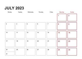 planejador de parede para julho de 2023 em inglês, semana começa na segunda-feira. vetor
