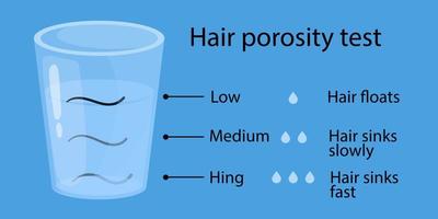 teste de porosidade capilar. cabelo flutua em um copo de água. ilustração de estilo de desenho animado vetor