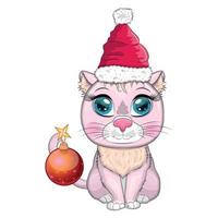 gato bonito dos desenhos animados no chapéu de Papai Noel com presente, bola de natal, kane de doces. inverno 2023, natal e novo chinês vetor