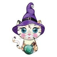 gato de desenho animado com chapéu de bruxa roxo com vassoura, abóbora, poção. personagem de halloween, pôster. símbolo de 2023 vetor