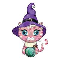 gato de desenho animado com chapéu de bruxa roxo com vassoura, abóbora, poção. personagem de halloween, pôster. símbolo de 2023 vetor