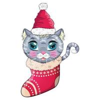 gato bonito dos desenhos animados em um chapéu de papai noel em uma meia de natal. inverno 2023, natal e ano novo chinês. vetor