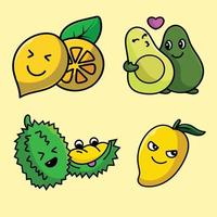 design de vetor de mascote de desenho de frutas expressão de sorriso plana e fofa amarelo verde limão abacate manga durian