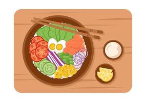 modelo de comida de tigela de prato havaiano ilustração plana de desenhos animados desenhados à mão com arroz, atum, peixe fresco, ovo e design de legumes vetor