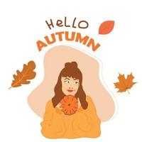 uma garota ruiva com óculos com uma abóbora nas mãos, olá outono, folhas... um suéter quente. vetor de ilustração de banner