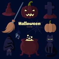vetor de halloween definido com jack o'lantern, caldeirão, vassoura, chapéu de bruxa, túmulo, morcego, gato preto, teia de aranha, buquê de ervas. perfeito para banners, cartões, mídias sociais, materiais impressos, design etc.