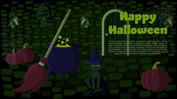 banner vetorial de halloween com interior de cabana de bruxa com caldeirão, vassoura, gato, abóboras, morcego, ervas e teia de aranha. perfeito para sites, materiais impressos, mídias sociais, etc. vetor