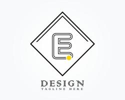 modelo de design de logotipo com a letra e do alfabeto em uma caixa com marcas arredondadas amarelas vetor