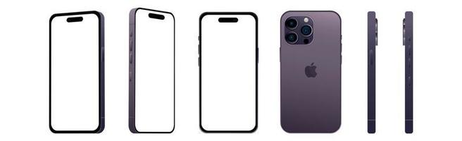 conjunto de 6 peças de diferentes ângulos, modelos roxos pro smartphone apple iphone 14, nova indústria de ti, maquete para web design em um fundo branco - vetor