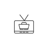 televisão, aparelho de tv, conceito de programa de tv. sinal de vetor desenhado em estilo simples. adequado para sites, artigos, livros, aplicativos. traço editável. ícone de linha de coração na cesta de compras na tela da tv