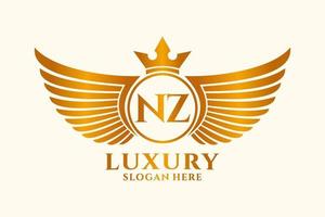 luxo royal wing letter nz crest gold color logo vector, logotipo da vitória, logotipo da crista, logotipo da asa, modelo de logotipo vetorial. vetor