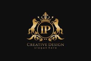 crista dourada retro ip inicial com círculo e dois cavalos, modelo de crachá com pergaminhos e coroa real - perfeito para projetos de marca luxuosos vetor