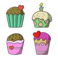 um conjunto de ícones, deliciosos cupcakes com frutas delicadas e creme de chocolate com um coração e uma vela, ilustração vetorial em estilo cartoon em um fundo branco vetor