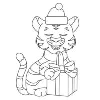 um filhote de tigre com um chapéu de ano novo de papai noel está sentado com um presente, desenho à mão, linha vetor