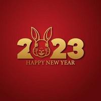 feliz ano novo 2023 vetor. texto dourado de 2023 com uma cabeça de coelho. feliz Ano Novo Chinês. ano do zodíaco coelho. 2023 design adequado para saudações, convites, banners ou planos de fundo. vetor