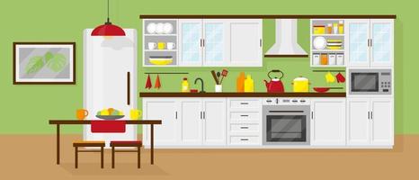 interior da cozinha com móveis, geladeira, microondas, mesa e pratos. ilustração vetorial. vetor