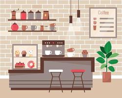 aconchegante café ou cafeteria com cadeiras de bar e equipamentos. café ou design de interiores de padaria. ilustração vetorial plana ou dos desenhos animados. vetor