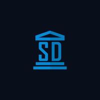 monograma de logotipo inicial sd com vetor de design de ícone de construção de tribunal simples