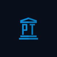 pt monograma de logotipo inicial com vetor de design de ícone de construção de tribunal simples