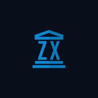 zx monograma de logotipo inicial com vetor de design de ícone de construção de tribunal simples