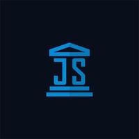 js monograma de logotipo inicial com vetor de design de ícone de construção de tribunal simples