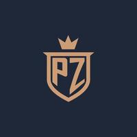 logotipo inicial do monograma pz com estilo de escudo e coroa vetor