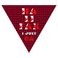 feliz dia do canadá bandeira triangular feriado para festivais planares tipografia moderna com bandeira nacional cor vermelha e branca em fundo quadriculado fetivo. texto 1 de julho halifax vetor