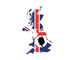 rainha elizabeth rosto preto e branco com bandeira britânica do reino unido nacional europa emblema mapa ícone ilustração vetorial elemento de design abstrato vetor