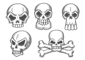 ícones de esboço de crânios e ossos cruzados de esqueleto vetor