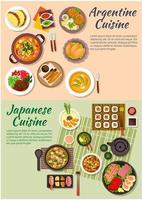 ícone plano popular de comida argentina e japonesa vetor