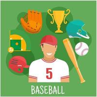 ícone de jogo de beisebol com batedor e itens esportivos vetor