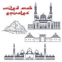 atrações turísticas famosas dos ícones de linha fina dos Emirados Árabes Unidos vetor