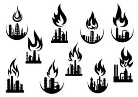 ícones pretos de plantas industriais e fábricas vetor