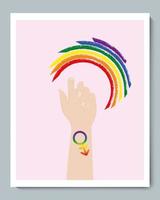 mão branca com símbolo lgbt de gradiente de gênero e semicírculo de arco-íris vetor