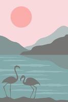 banner horizontal com uma paisagem natural. silhuetas de flamingos no contexto da água, lagos e montanhas, um círculo ensolarado. gráficos vetoriais. vetor