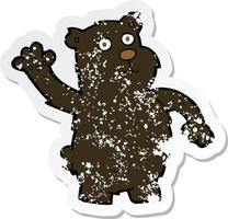 adesivo retrô angustiado de um desenho animado acenando com urso preto vetor