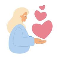 garota feliz compartilhando amor, corações nas mãos, saúde mental, autocuidado e inspiração de amor. cartão para mães ou ilustração vetorial de dia dos namorados vetor