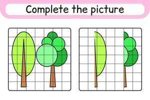 complete a árvore de imagens. copie a imagem e a cor. terminar a imagem. livro de colorir. jogo de exercício de desenho educacional para crianças vetor