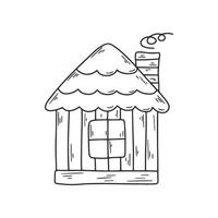 casa de conto de fadas de madeira com desenho de linha preta de chaminé vetor