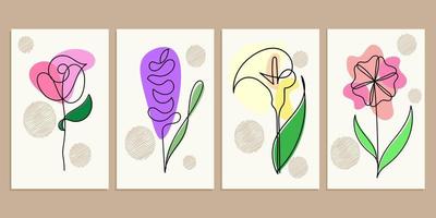 um conjunto de ilustração de flores minimalistas de desenho de linha rosa, lavanda, lírio de calla e flor do cosmos. para decoração de casa e fundo. vetor