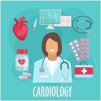 ícone plano de cardiologia com médico e medicamentos vetor