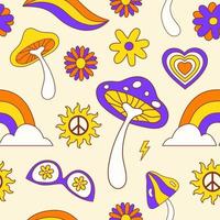 padrão sem emenda groovy retrô com elementos hippie sobre um fundo claro. ilustração vetorial no estilo anos 70, 80 vetor