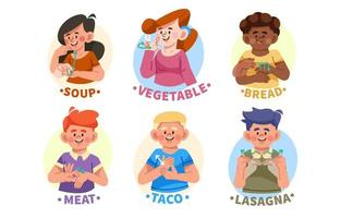 coleção de personagens demonstrando linguagem asl sobre comida vetor