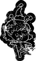 feliz garota alienígena desenho animado ícone angustiado de um chapéu de papai noel vetor