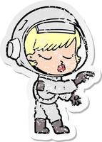 adesivo angustiado de uma garota astronauta bonita de desenho animado apontando vetor