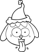 desenho de linha de um rosto de cachorro ofegante usando chapéu de papai noel vetor