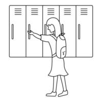 uma estudante abre um armário para itens pessoais, uma garota com uma mochila foi aos armários da escola vetor