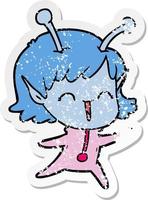adesivo angustiado de uma garota alienígena de desenho animado rindo vetor