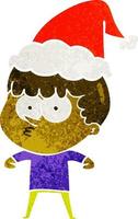desenho retrô de um menino curioso usando chapéu de Papai Noel vetor