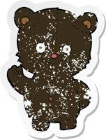 adesivo retrô angustiado de um desenho animado acenando filhote de urso preto vetor